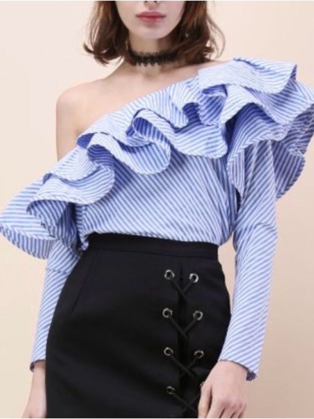 50%off🎊CHICWISH One-shoulder Ruffle Blue Striped Cotton Top Blouse